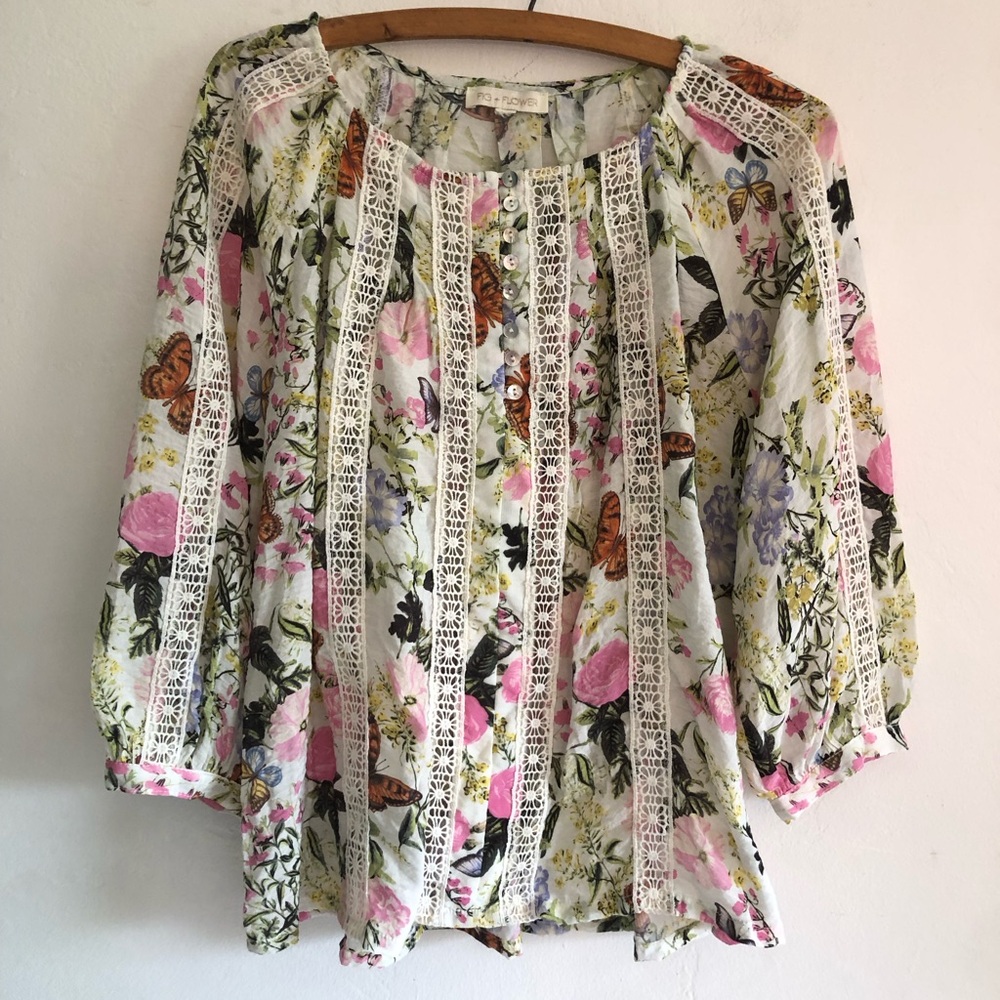 Fig And Flower Top Womens Multicolor Floral Tunic Boho Bloomcore Peasant Blouse